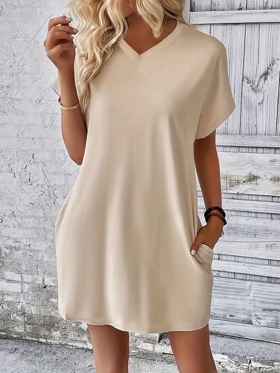 Damen Mini Kleid T-Shirt Kleid Tee Kleid einfarbig Sommer Kleid lässig täglich reguläre Passform Grafik Kurzarm V-Ausschnitt Schwarz Rot Olivgrün Aprikose Sommer 2025 - $19.99 –P2