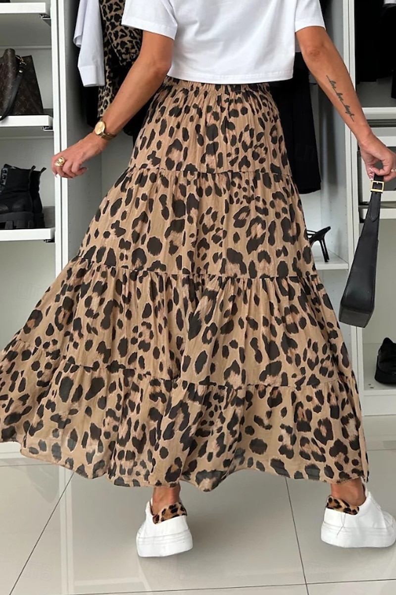 Femmes Jupe Bohème Occasionnel Boho Maxi Taille Basse Jupes Léopard Imprimé Micro-Élastique Vacances Rue Marron Été Polyester de 2025 ? $21.99 –P5
