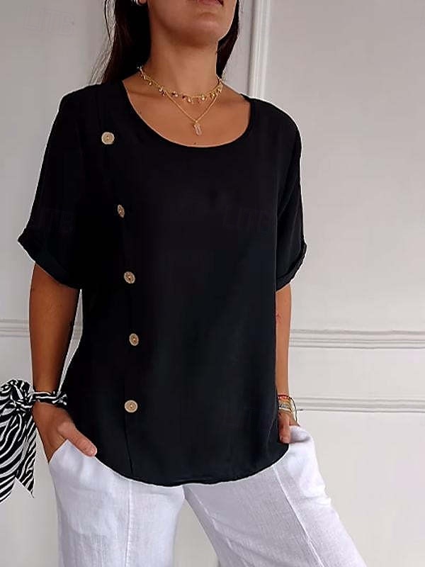 Femmes Chemises en coton et lin Uni Basique Manche Courte Col ras du cou Hauts Réguliers Quotidien Boutons Noir Blanche Vert Véronèse bleu marine Bleu Ciel Été de 2025 ? $16.99 –P8