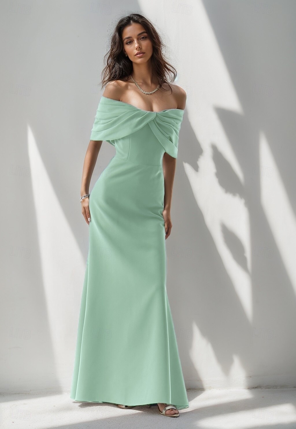 Robe de soirée sirène rose bleue élégante Robe formelle longueur de sol sans manches épaules dénudées crépon extensible avec nœud(s) ruché de 2025 ? $134.99 –P5