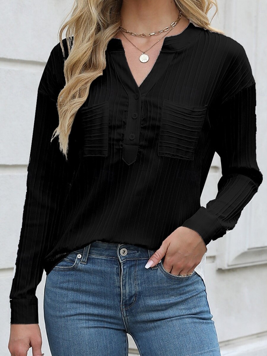 Damen Bluse Einfarbig Stilvoll Lässig Langarm V Ausschnitt Normale Oberteile Täglich Knöpfe Tasche Schwarz Weiß Braun Aprikose Sommer Frühling 2025 - $17.99 –P5