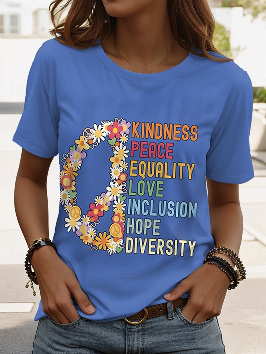Pentru femei Tricou Grafic Scrisă Stilat Clasic Casual Manșon scurt Stil Nautic Topuri obișnuite Zilnic Imprimeu Negru Alb Roz Îmbujorat Albastru piscină Mov Vară PEACE 2025 - $19.99 –P1