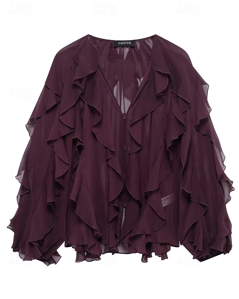 Femmes Chemise Chemisier Uni Élégant Moderne manche longue Col en V Hauts Réguliers Fête Sortir Superposé Vin Été de 2025 ? $34.99 –P7