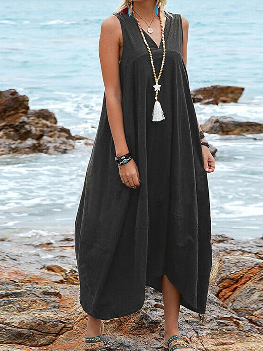 Per donna Abito Midi Abito in cotone e lino Essenziale Casual Vacanza Quotidiano Vestibilità regolare Semplice Senza Maniche Scollo a V Nero Vino Cachi Estate del 2025 a $32.99 –P7