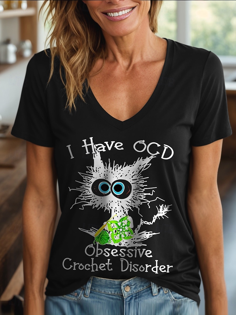 Femmes Chemisier Graphique Chat Lettre ancien Élégant Classique Manche Courte Col en V Hauts Réguliers Quotidien Sortir Tenue de plage Imprimé Noir Blanche Été Printemps de 2025 ? $27.99 –P5