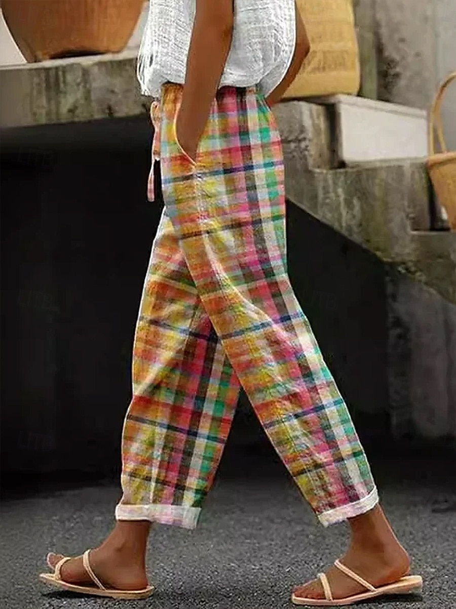 Women's Cotton Linen Pants Baggy Pants Linen Like Beach Shorts Vacation Vintage Fashion Full Length High Waist Graphic Geometric Plaid Printing Breathable Soft Micro-elastic Vacation Causal 2026 - $49.99 –P1
