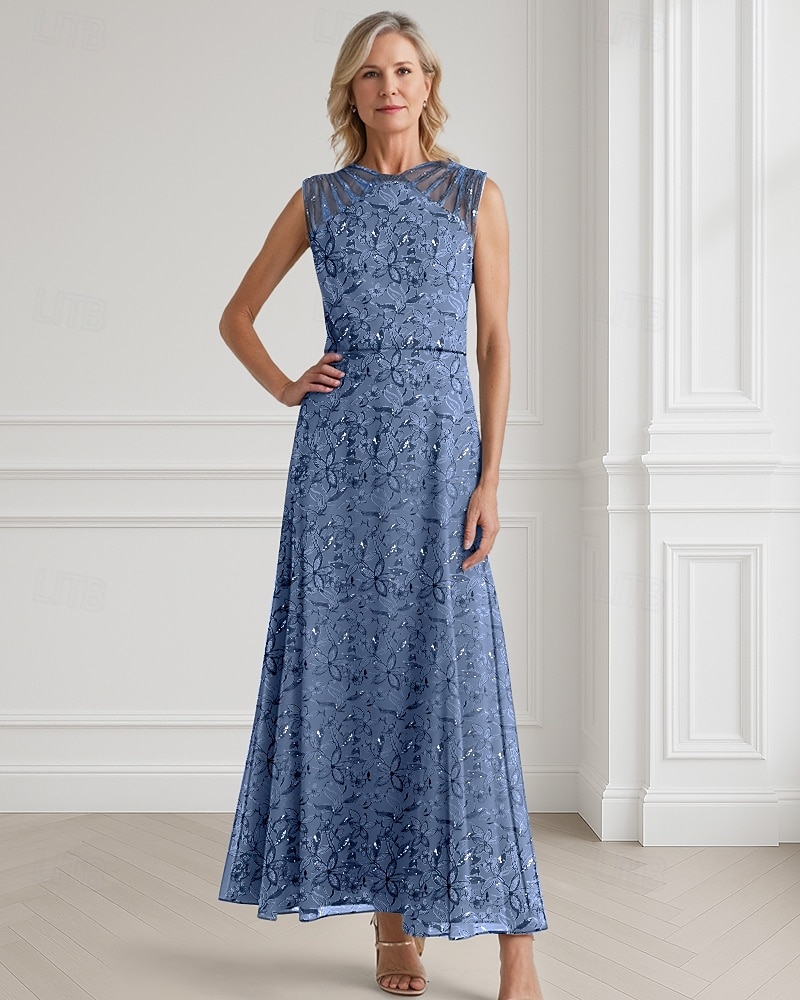 A-Linie Perlen Blau Mutter der Braut Kleid Elegant Luxuriös Illusions-Ausschnitt Bodenlänge Chiffon Ärmellos mit Spitzenperlen Pailletten 2025 - $179.99 –P1