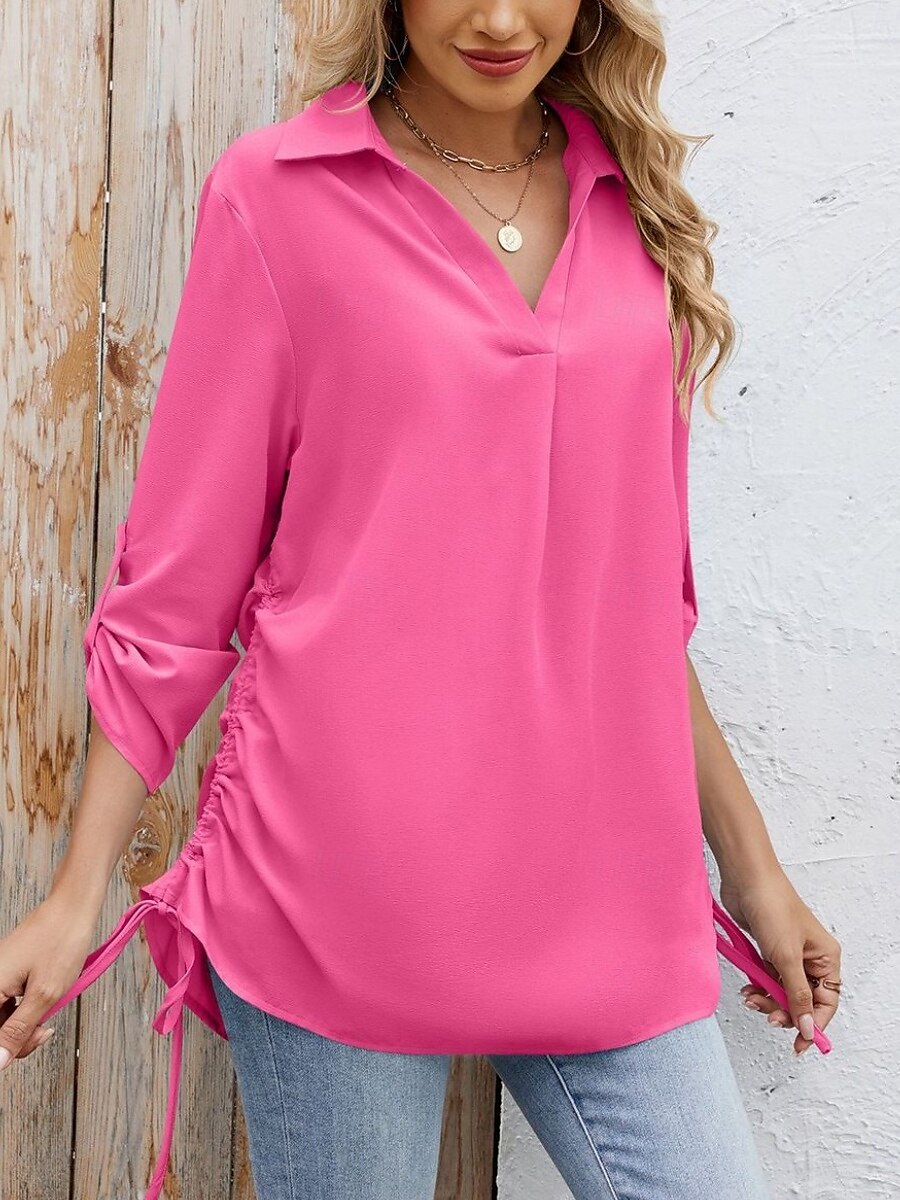 Dames Overhemd Blouse Effen Kleur Stijlvol Casual Lange mouw Overhemdkraag Normale tops Dagelijks Knop Zwart Wit Hemelsblauw Fuchsia Zomer Lente 2025 - $22.99 –P7