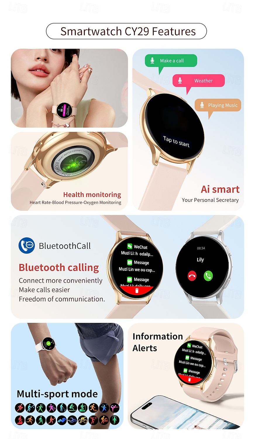CY29 Reloj inteligente 1.32 pulgada Smartwatch Reloj elegante Bluetooth Temporizador Recordatorio de Llamadas Monitor de Pulso Cardiaco Recordatorio sedentaria Encontrar Mi Dispositivo Compatible con 2025 - $49.99 –P2