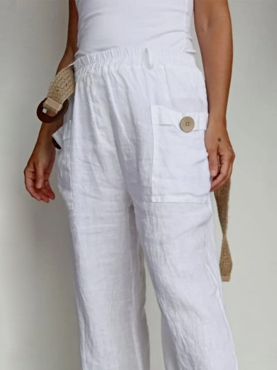 Pantaloni ampi in cotone e lino A tinta unita Chinos Pantaloni baggy Basic Casual Lunghezza intera Vita alta Semplice Pockets Fascia elastica Comfort All'aperto Micro-elastico Vacanze Strada del 2025 a $19.99 –P2
