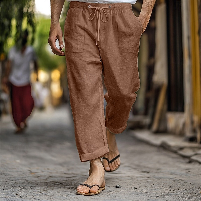 Men's Linen Pants Trousers Summer Pants Beach Pants Pocket Drawstring Elastic Waist Plain Comfort Breathable Vacation Daily Holiday Hawaiian Boho Dark Brown Lake blue 2025 - $18.99 –P1