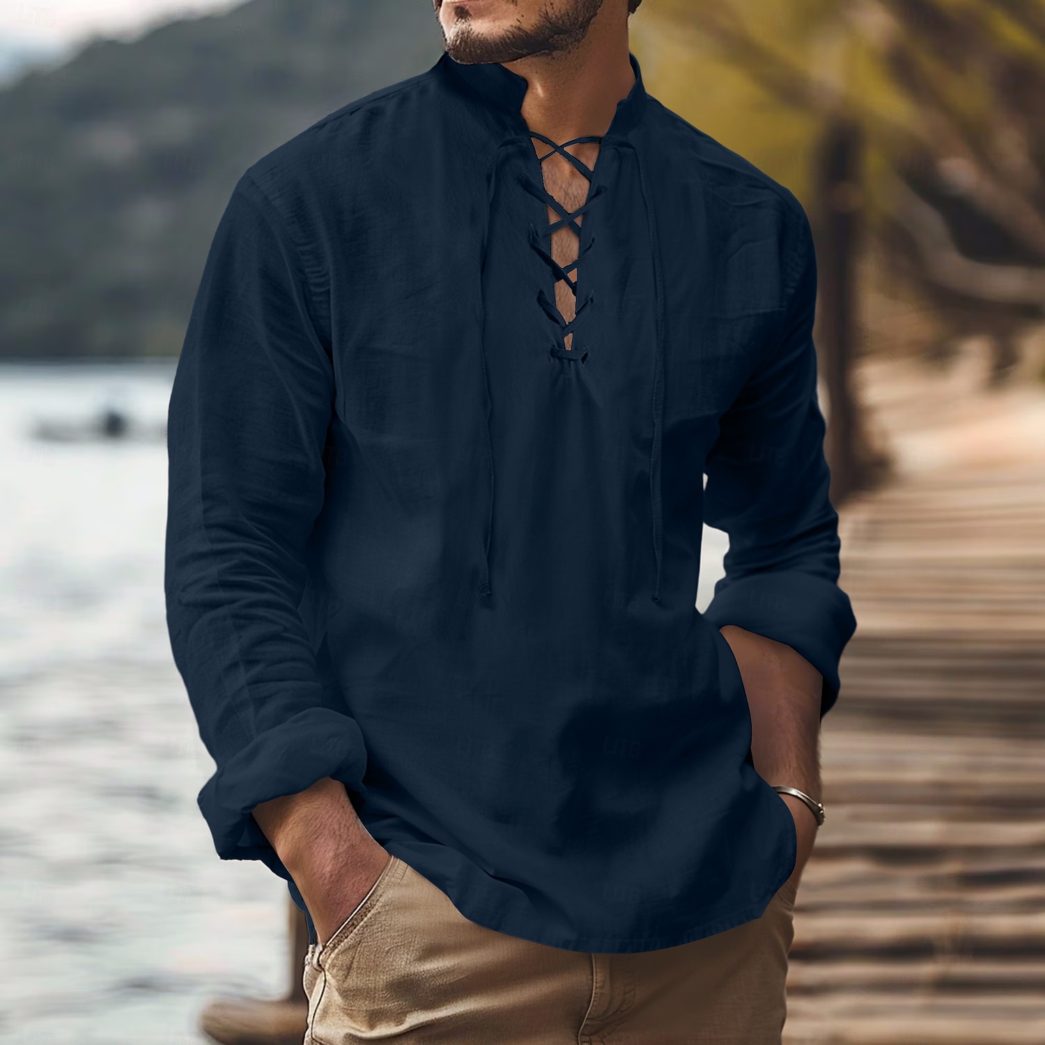 Per uomo Camicia Camicia di lino Stile vichingo Camicia Estiva Abbigliamento da spiaggia Camicia pirata Tinta unica Vacanza Ferie Bianco Blu marino Azzurro cielo Verde Manica Lunga Collo alla coreana del 2025 a $21.99 –P10