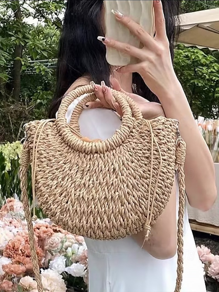 női szalmából szőtt strandtáska kerek fogantyúval és hosszú pánttal – boho nyári kézitáska nyaraláshoz, utazáshoz és hétköznapi ruhákhoz rózsaszín narancssárga barna 2025 - $18.99 –P3