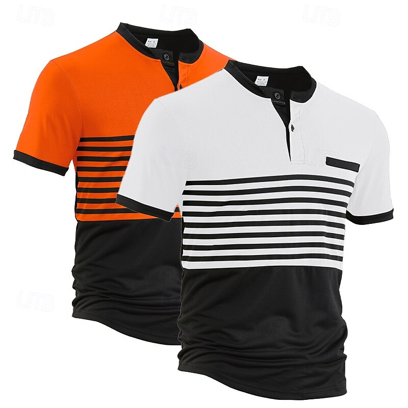 Mehrfachpackungen 2St Herren Stehkragen Kurze Ärmel Weiß + Orange Polo mit Knopfleiste Golfshirt Golf Poloshirts Knöpfe Gestreift Urlaub Alltagskleidung Polyester Sommer 2025 - $28.99 –P5