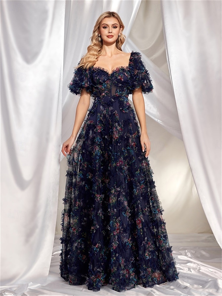 Rochii Invitată la Nuntă Rochie A-Line Corset Gât Îndulcit Mâneci Scurte cu Mâneci Burbă Lungime Podea Tulle cu Micro Volane 2025 - $189.99 –P1