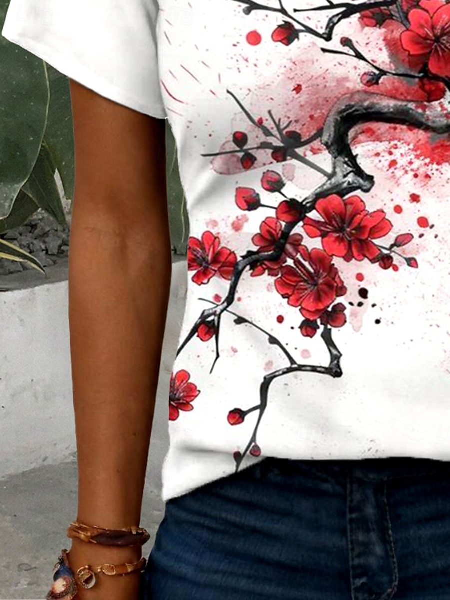 Dame T skjorte Blomstret Grafisk Planter Årgang Stilfull Klassisk Kortermet Hals med hakk Vanlige topper Daglig Helg Trykt mønster Rød Sommer Vår 2025 - $24.99 –P3
