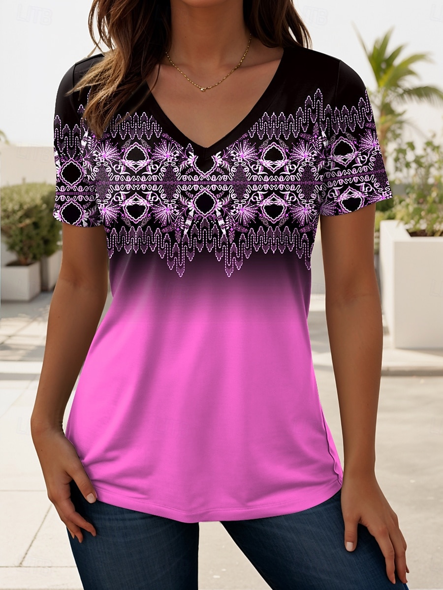 Pentru femei Tricou Ombre Grafic Geometric Epocă Stilat Casual Manșon scurt În V Topuri obișnuite Zilnic Imprimeu Albastru piscină Mov Trifoi Vară Primăvară 2025 - $19.99 –P4
