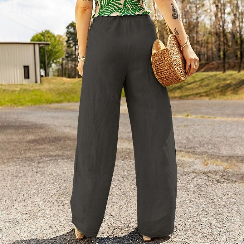 Mulheres Calças de linho de algodão Calças Roupa de rua Casual Comprimento total Natural Tecido Design de cordão elástico Confortável Exterior Roupa Diária Final de semana Preto Azul Marinho Escuro de 2025 por $25.99 –P11