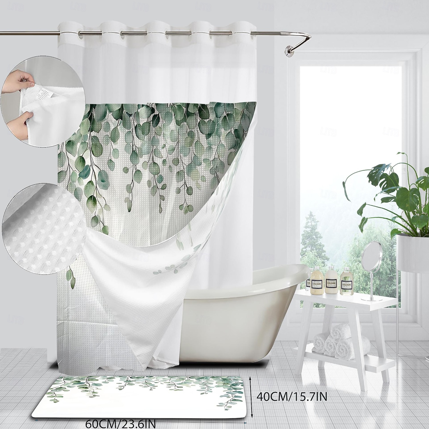 No Hook Shower Curtain 180cm*180cm(70"*70")with Snap-in Polyester Fabric Liner Sheer Top Window Waterproof Double Layer Bathtub Curtain Leaves Pattern 2025 - $41.99 –P5