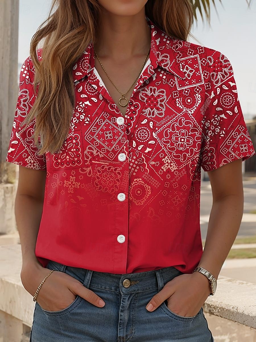 Damen Hemd Langarm Button Down Bluse Ombre Grafik Paisley Täglich Lässig Kurzarm Hemd Kragen Reguläre Tops Tägliche Rote Blau Fuchsia Sommer Frühling 2025 - $24.99 –P5