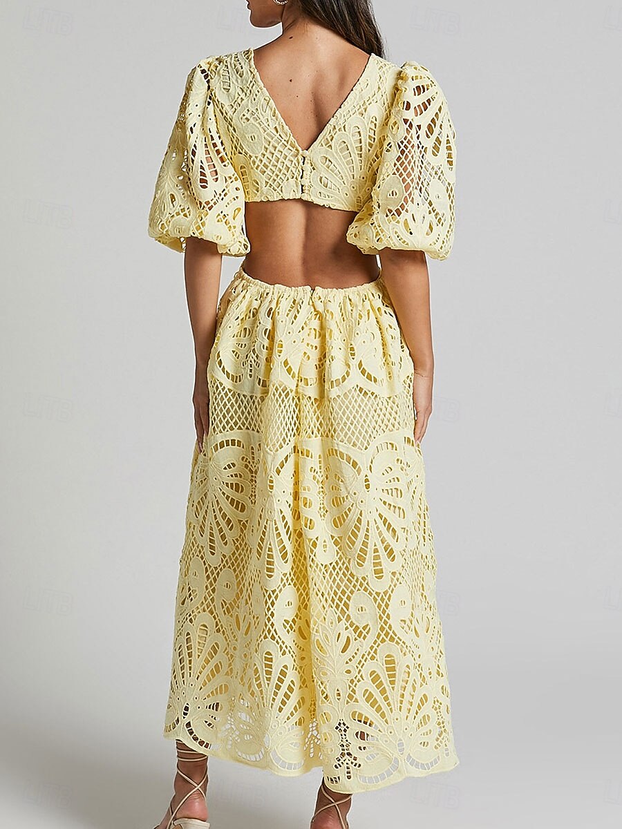A-Line Butter Dresses Embroidered Lace Dress Wedding Wedding Guest Maxi Length Half Sleeve V Neck Lace Backless 2026 - $115.99 A-Line Butter Dresses Embroidered Lace Dress Wedding Wedding Guest Maxi Length Half Sleeve V Neck Lace Backless 2026 - $115.99