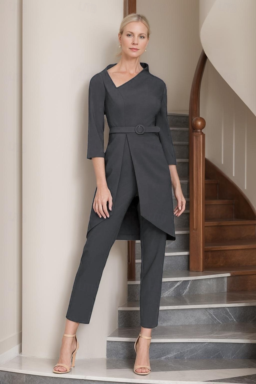 Two Piece Mother of the Bride Pantsuit Simple Minimalist Casual V Neck Ankle Length Crepe 3/4 Length Sleeve with Sash / Ribbon 2025 - $159.99 –P5