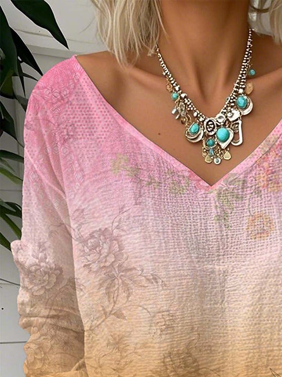 Femmes Chemisier A Ombre Fleuri Graphique ancien Tropical Élégant Manche 3/4 Col en V Hauts Réguliers Quotidien Sortir Week-end Vert Claire Rose Claire Été Printemps de 2025 ? $24.99 –P3