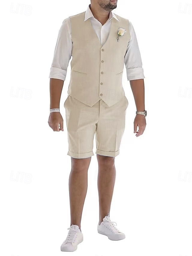 Men's Linen Suits Wedding Shorts Waistcoat Beach Summer Solid Formal Light Blue Sky Blue Dark Navy Colored Causal 2 Piece Tailored Fit 2025 - GBP £59 –P4