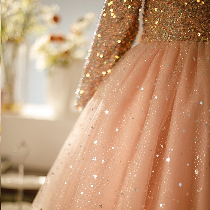 Kinder Mädchen Kleid Partykleid Einfarbig Langarm Leistung Pailletten Netz Prinzessin Süß Netzstoff Knöchellang Etui-Kleid Tüllkleid Sommer Frühling Herbst Kinder Rosa Wein Khaki 2025 - $61.99 –P6