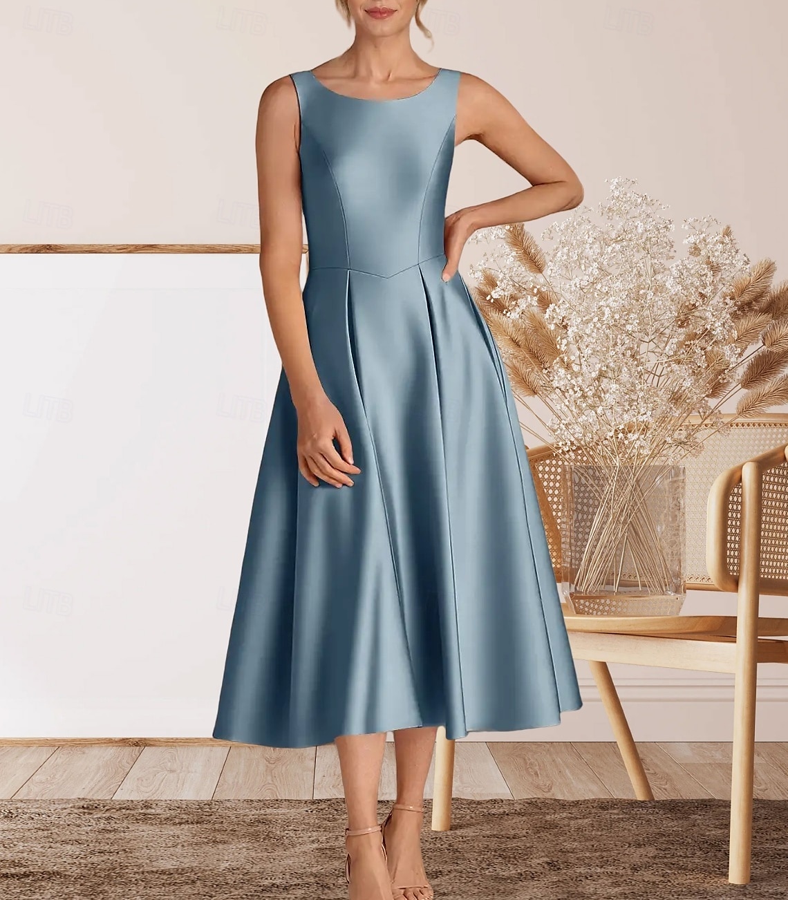 Robe cocktail A-Line élégante robe de retour à la maison cocktail party longueur thé sans manches col rond satin avec plis de 2025 ? $162.99 –P1
