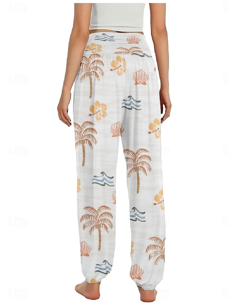 Dam Linneinspirerade byxor Brett skaft Byxor Etnisk Stil Ledigt Boho Fullängd Hög midja Blommig Ficka Elastisk midja Tryck Mateial som andas Mjuk Microelastisk Utomhus Yoga Vit Gul Rosa Purpur Sommar 2025 - $21.99 –P14