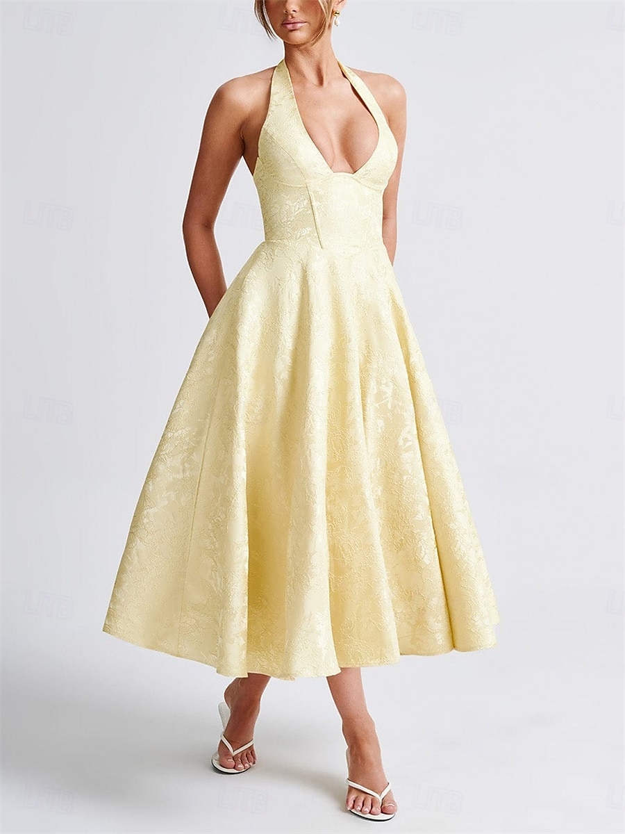 Rochie A-line Rochie Jacquard Rochie Semi-formală Rochie cocktail Lungime midi Fără mâneci Guler halter Fundiță Spate descoperit cu detaliu cu dantelă Rochie pentru invitați la nuntă 2025 - $79.99 –P7