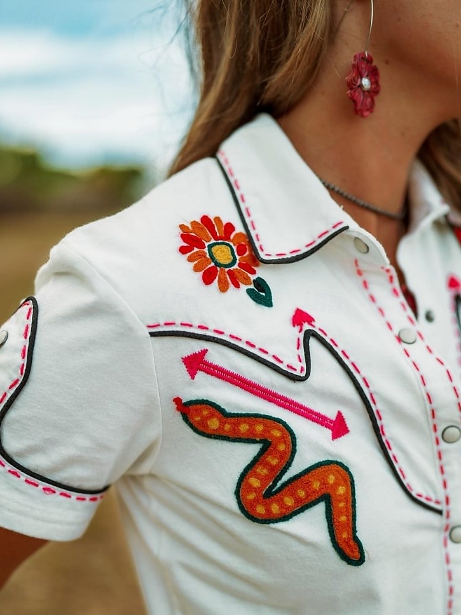 Cămașă pentru femei cu butoni bluză florală stilată western casual mânecă scurtă guler de cămașă topuri obișnuite pentru zi cu zi imprimeu alb vară 2025 - $22.99 –P2