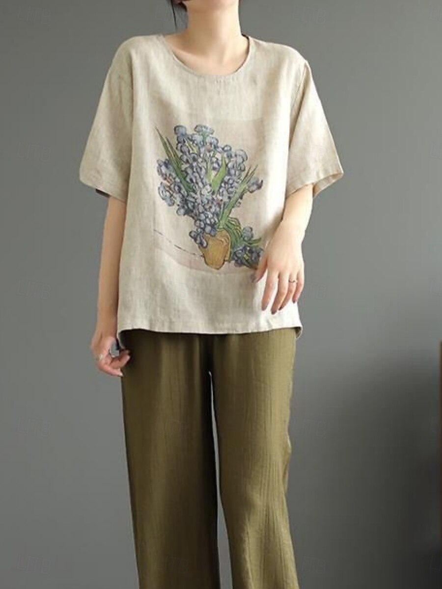 Dame Skjorte Blomstret Grafisk Grunnleggende Fritid Halvlange ermer Crew-hals Vanlige topper Daglig Trykt mønster Hvit Gul Beige Sommer 2025 - $14.99 –P5