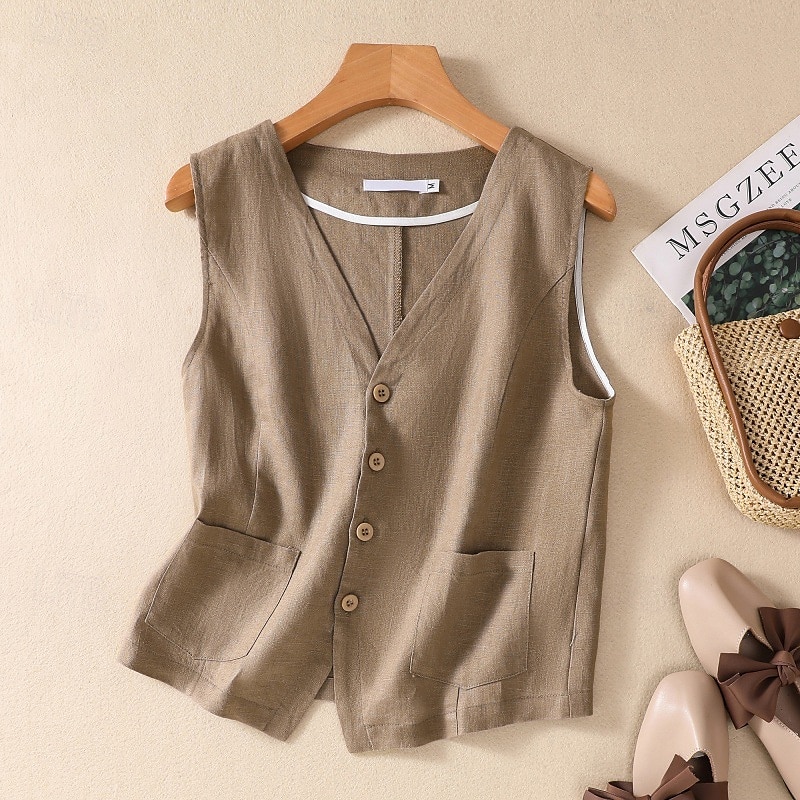 Damen Weste aus Baumwolle und Leinen, schlicht, modern, lässig, ärmellos, V-Ausschnitt, normale Passform, Oberteile, Urlaub, Ausgehen, Knöpfe, Tasche, Weiß, Braun, Khaki, Aprikose, Sommer 2025 - $26.99 –P10