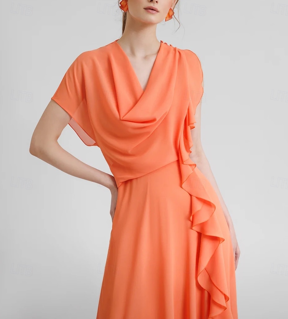 Robe de cocktail jaune élégante en crêpe extensible à volants froncés, longueur au sol, manches 3/4, col en V, pour invité de mariage, 2025 de 2025 ? $109.99 –P3