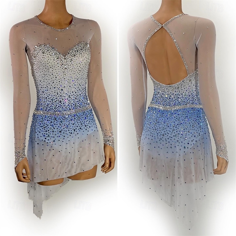 Kunstschaatsjurk Dames Voor meisjes Schaatsen Jurken Hemelsblauw + wit Lapwerk Open achterkant Netstof Hoge Elasticiteit Opleiding Wedstrijd Kunstschaatskleding Klassiek Kristal / Bergkristal Lange 2025 - $182.99 –P3