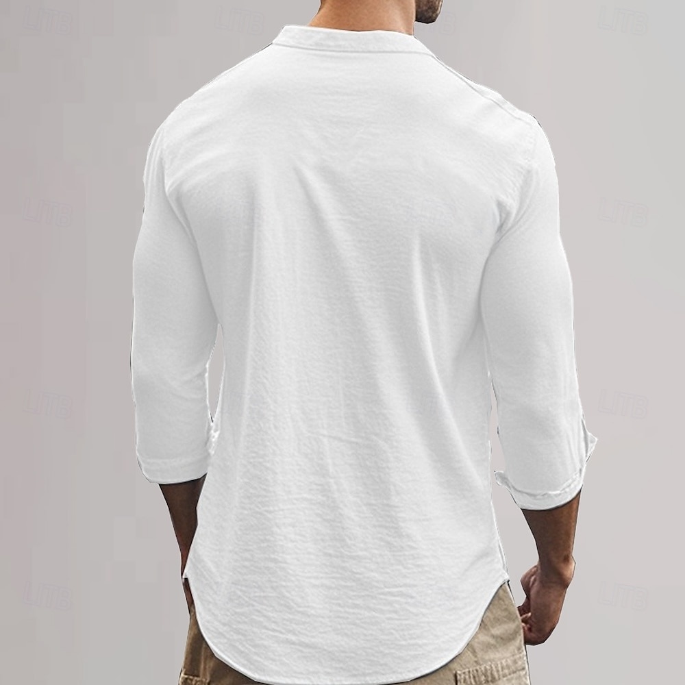 Men's Cotton Linen Shirt Plain Vacation Black White Khaki Dark Gray Long Sleeve Grandad Collar Clothing Apparel 2025 - $25.99 –P10