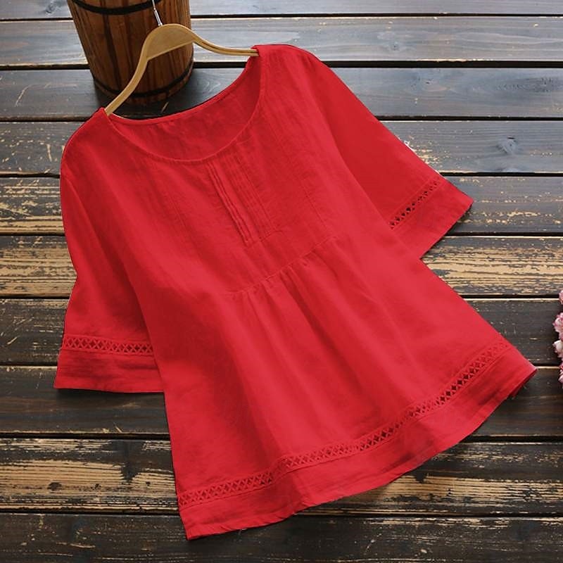 Damenbluse Peplum Einfarbig Stilvoll Lässig 3/4 Länge Ärmel Rundhals Reguläre Tops Täglicher Patchwork Weiß Rot Blau Grün Sommer 2025 - $22.99 –P5