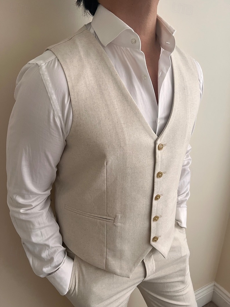 Completi da matrimonio in lino da uomo beige estate a tinta unita sagomati a 2 pezzi del 2025 a $73.99 –P4