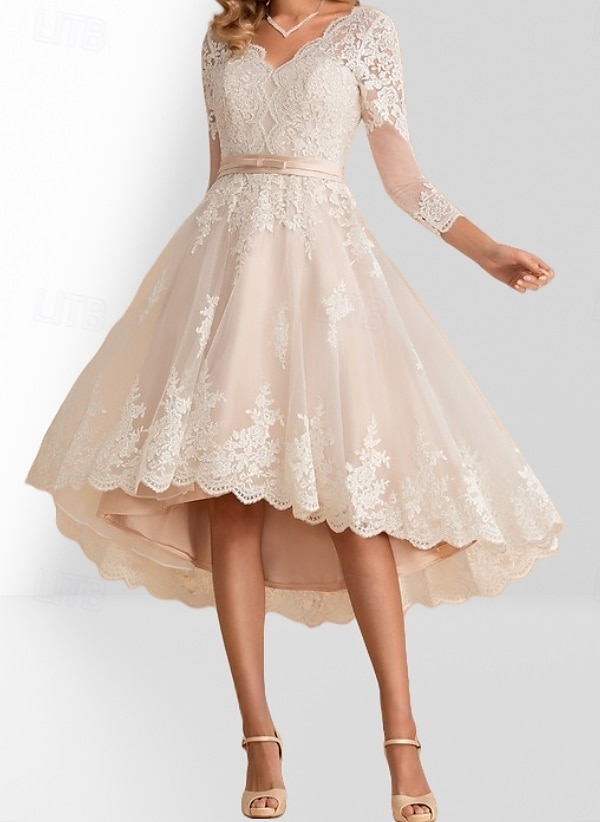 Abiti Piccole Spose Bianchi Abiti da Matrimonio A-Line Collo a V Manica 3/4 Asimmetrico Satin Abiti Sposa con Sash  Nastro Pieghe del 2025 a $155.99 –P1