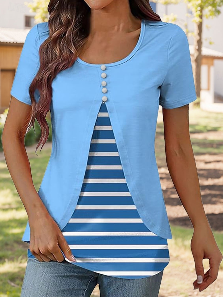 Dame T skjorte Blomstret Grafisk Elegant Årgang Stilfull Kortermet Crew-hals Rund hals Vanlige topper Daglig Ut på byen Lapper Knapper Lag-på-lag Rosa Blå Lilla Sommer Vår 2025 - $23.99 –P3