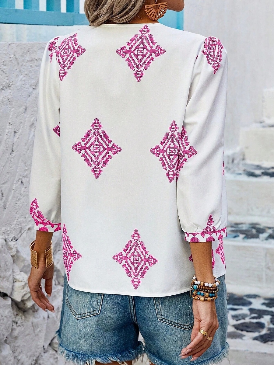 Mulheres Blusa Geométrica Boêmia Casual Manga 3/4 Manga Princesa Decote V Tops regulares Diário Imprimir Rosa Azul Marinha Roxo Verde Verão Primavera de 2025 por $22.99 –P2