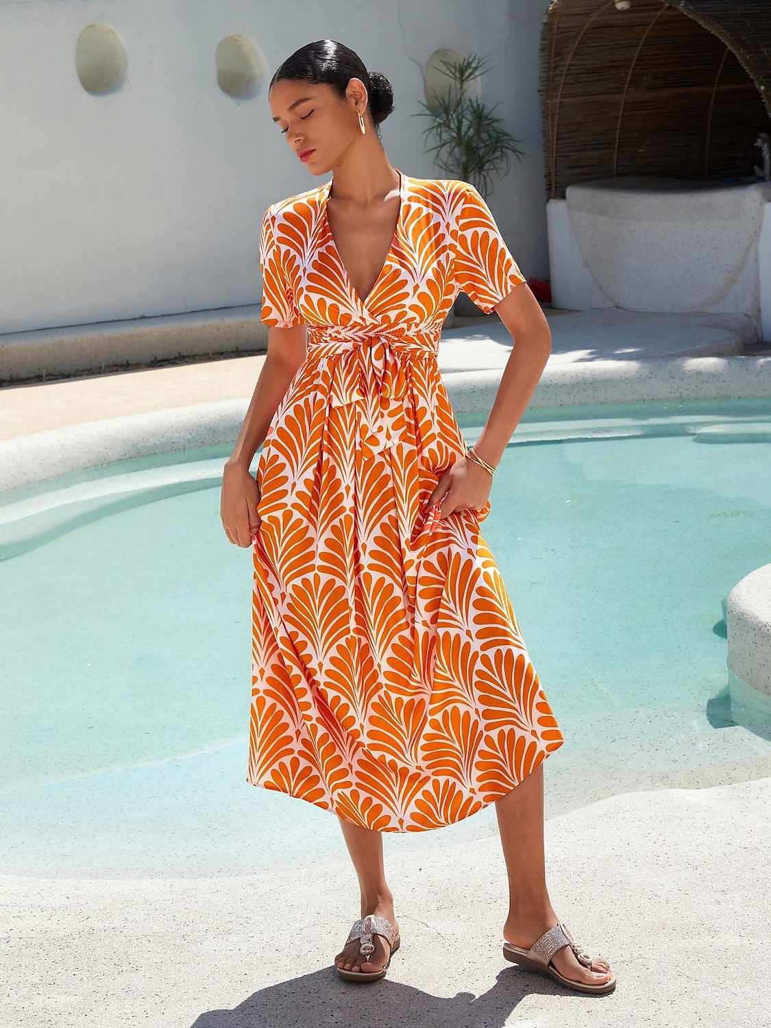Damen Midi-Kleid Maxikleid Orange Kurzarm Geometrisch Mit Gürtel Frühling & Sommer V Ausschnitt Musterkleid S M L 2025 - $16.69 –P17