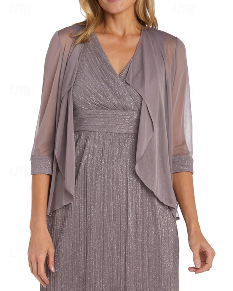 Zweiteilig Glitzer Chiffon A-Linie Kleid der Mutter der Braut Elegant Einfach Minimalistisch V-Ausschnitt Bodenlänglich Ärmellos Halblangärmel mit Jacke 2025 - $148.99 –P2
