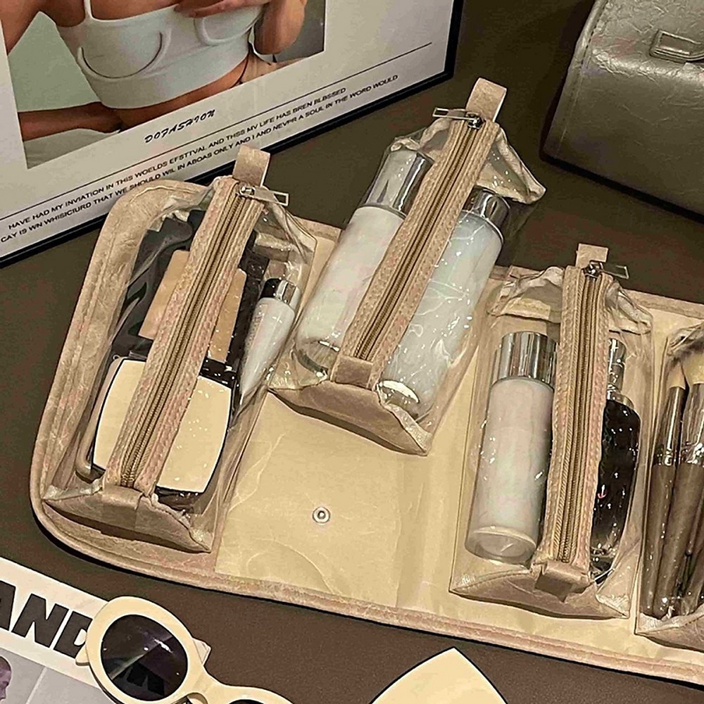 Bolsa de viaje de cuero para cosméticos, gran capacidad, portátil, para mujer, estuche de maquillaje, impermeable, organizador de maquillaje, bolsa de almacenamiento plegable 4 en 1, bolsa de aseo de 2025 - $15.49 –P10