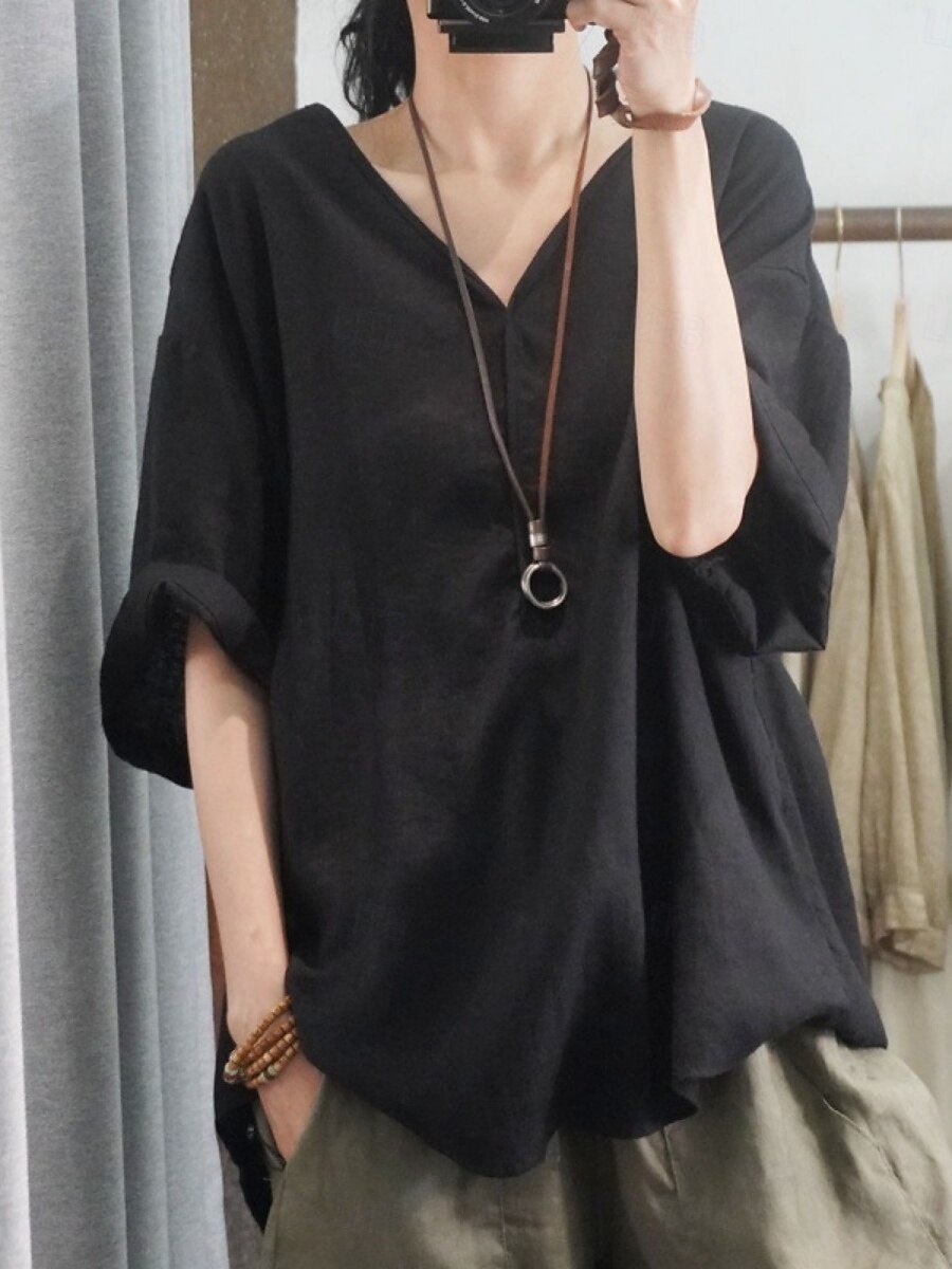 Women's Shirt Solid Color Basic Casual 3/4 Length Sleeve V Neck Regular Tops Daily Black White Pink Green Beige Summer 2025 - $16.99 –P4