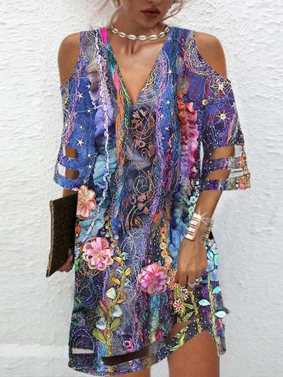 Damen Minikleid A Linie Kleid Schulterfreies Kleid Lässig Outdoor Strand Normale Passform Ombre Blumen Grafik Halbarm V Ausschnitt Schwarz Weiß Blau Purpur Sommer Frühling 2025 - $24.99 –P1