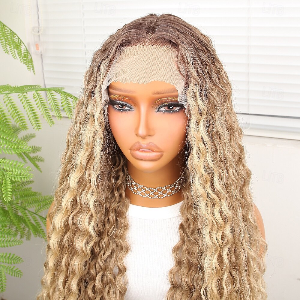 Synthetic Lace Wig Deep Curly Style 32 inch Multi-color Middle Part 13x4x1 T Part Lace Front Wig Women's Wig Light golden 2025 - $74.99 –P6