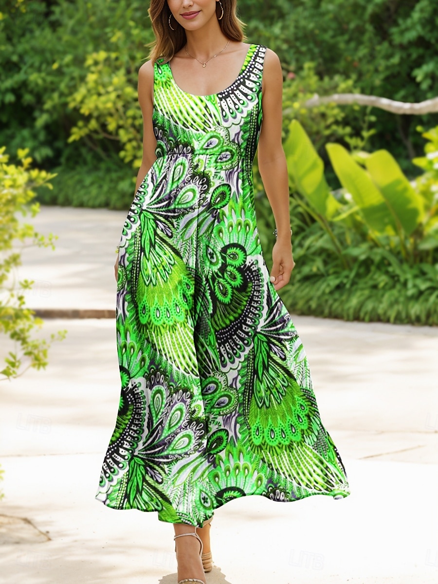 Women's Maxi Dress Sundress A Line Dress Slip Dress Pleated Dress Vacation Casual Boho Beach Regular Fit Graphic Bohemian Boho Sleeveless U Neck Scoop Neck Yellow Red Blue Purple Summer Spring 2025 - $35.99 –P5